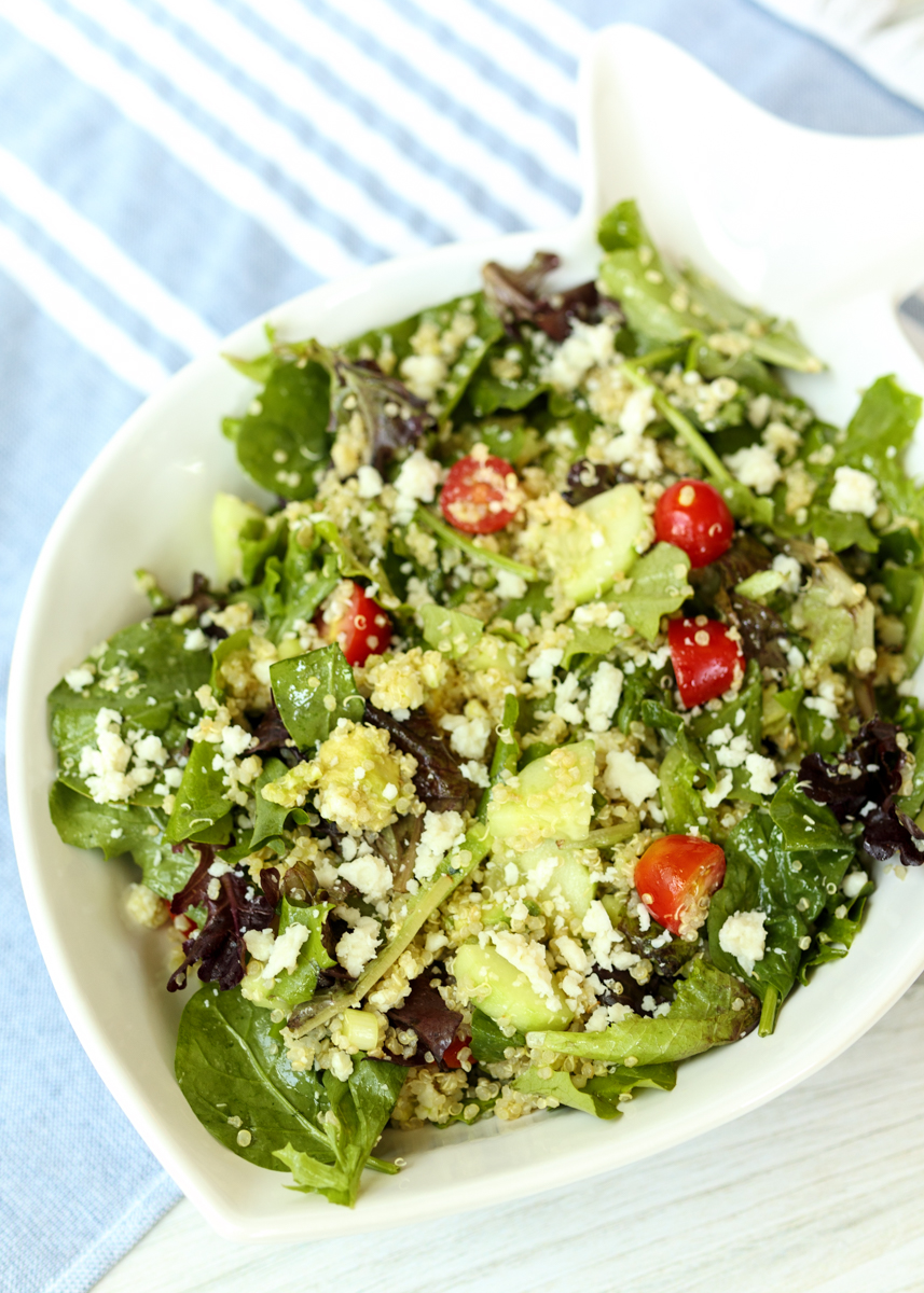 Quinoa Spinach and Greens Salad with a Roasted Garlic Lemon Vinaigrette