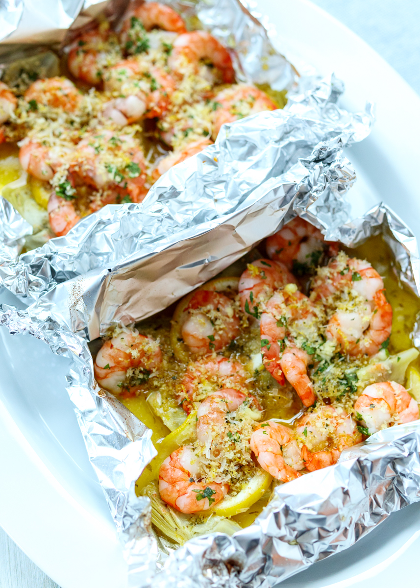 Lemon Artichoke Shrimp Scampi in a Foil Packet