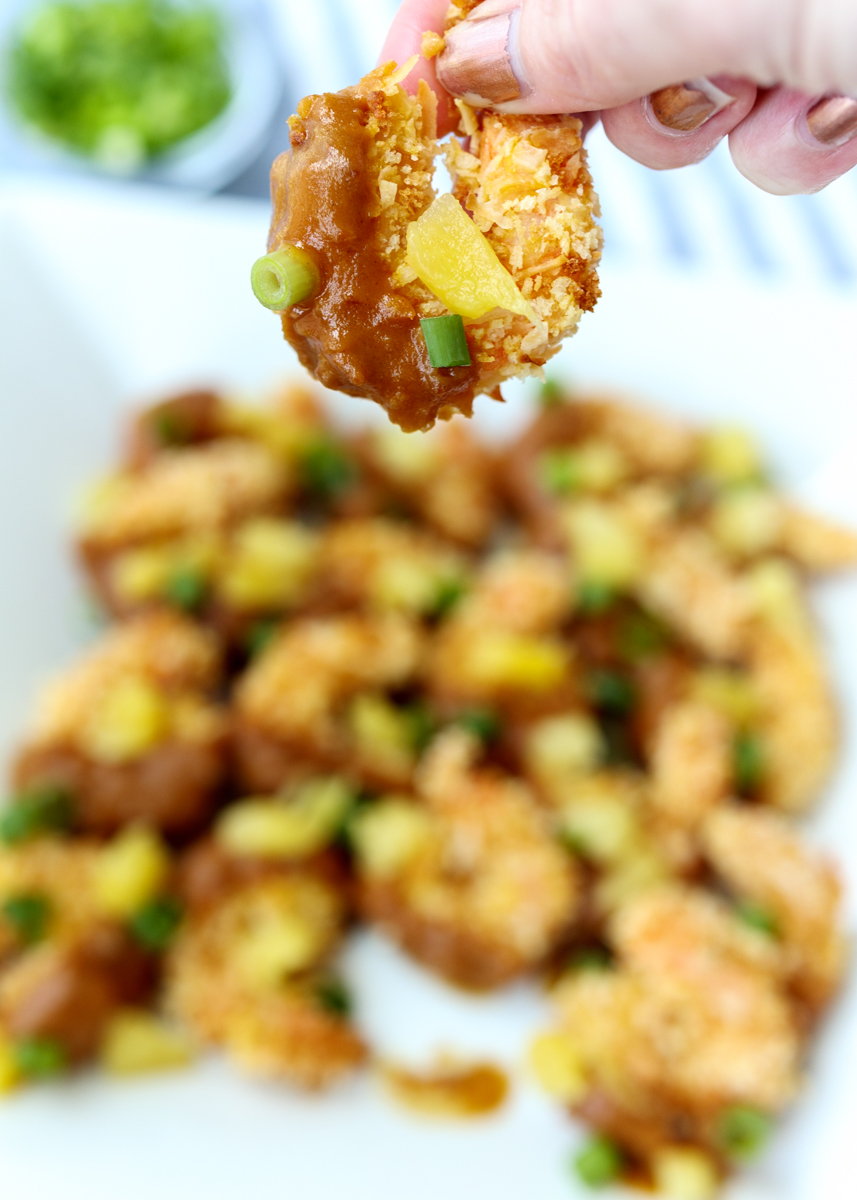 Crispy Baked Coconut Shrimp Topped with Peanut Sauce and Pineapple  |  Lemon & Mocha