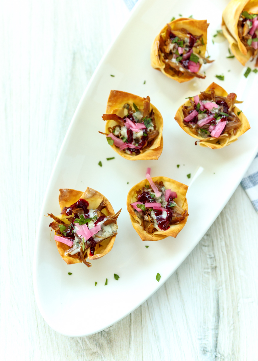 Duck Carnitas Nacho Bites with Blue Cheese and Blackberry Ale Sauce  |  Lemon & Mocha