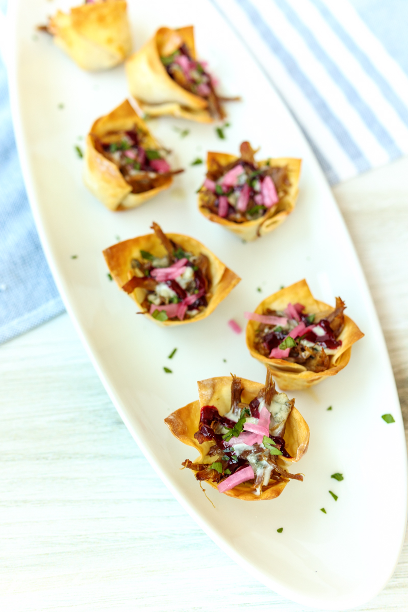 Duck Carnitas Nacho Bites with Blue Cheese and Blackberry Ale Sauce  |  Lemon & Mocha