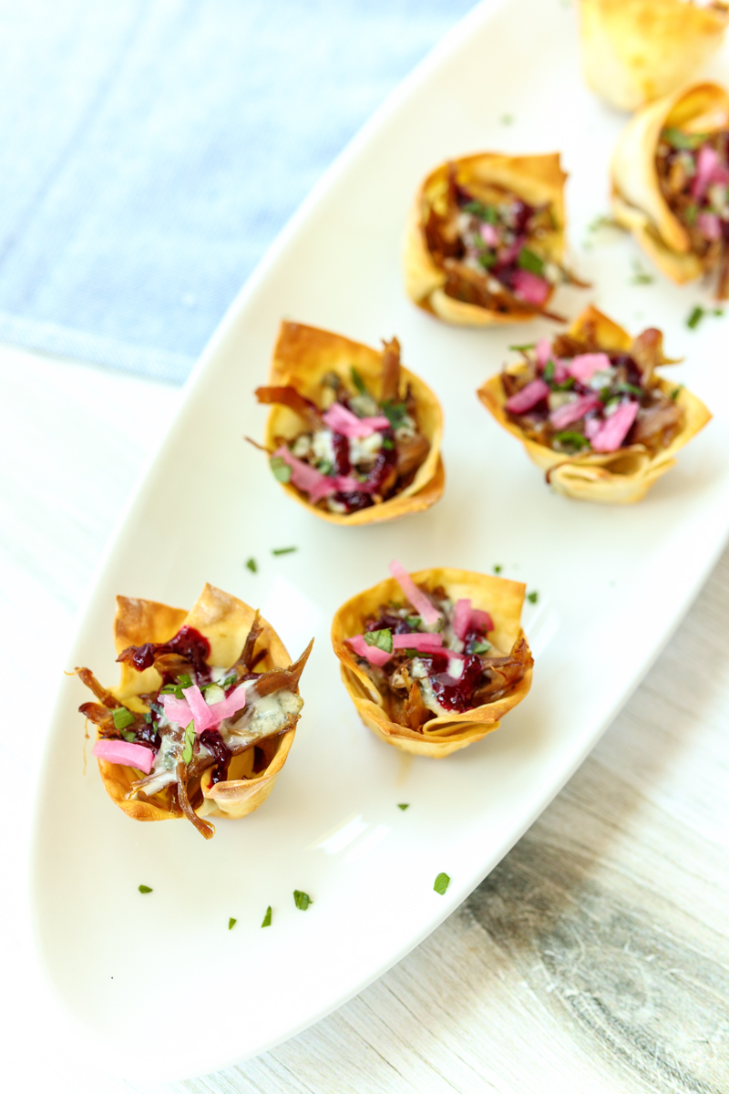 Duck Carnitas Nacho Bites with Blue Cheese and Blackberry Ale Sauce  |  Lemon & Mocha