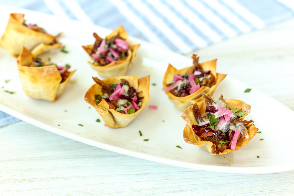 Duck Carnitas Nacho Bites with Blue Cheese and Blackberry Ale Sauce  |  Lemon & Mocha