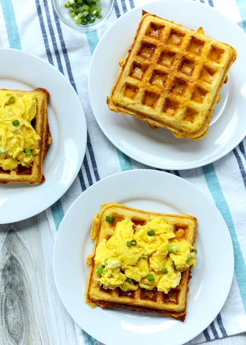 Cornbread Cheddar Waffles with Scrambled Eggs  |  Lemon & Mocha