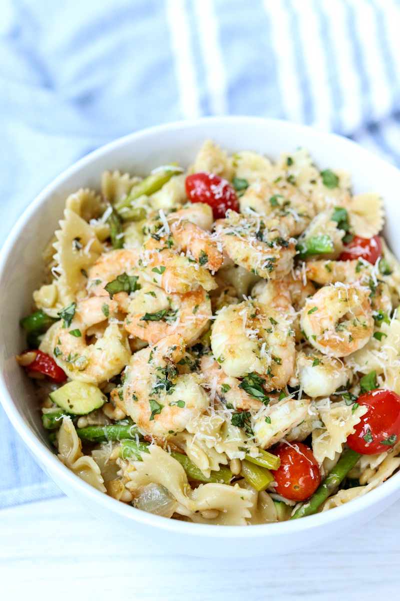 Pasta with Shrimp and Roasted Veggies in a Garlic Lemon Sauce  |  Lemon & Mocha