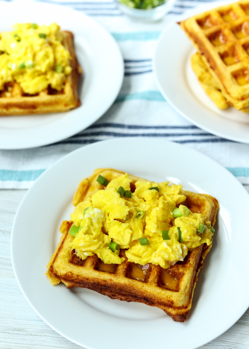 Cornbread Cheddar Waffles with Scrambled Eggs  |  Lemon & Mocha