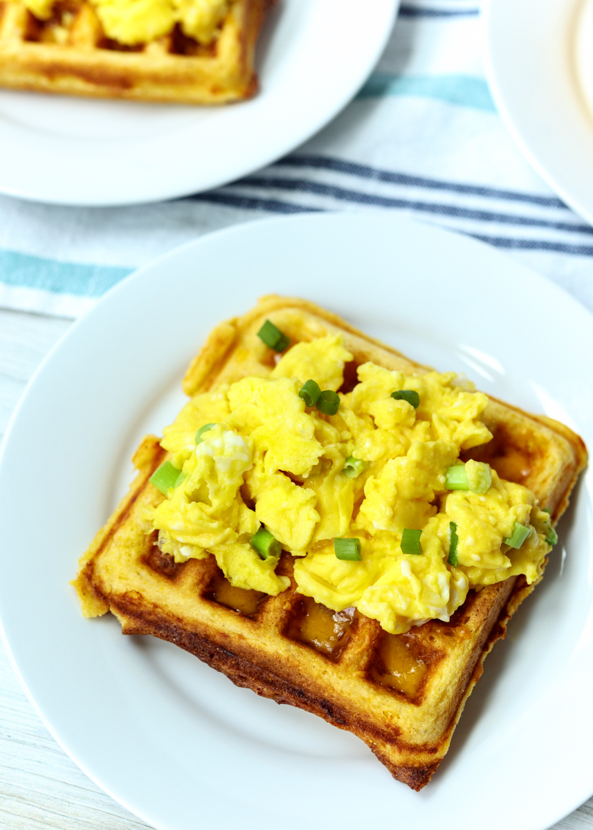 Cornbread Cheddar Waffles with Scrambled Eggs