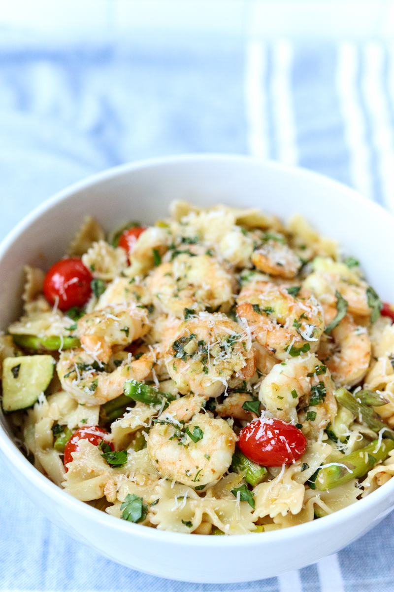 Pasta with Shrimp and Roasted Veggies in a Garlic Lemon Sauce
