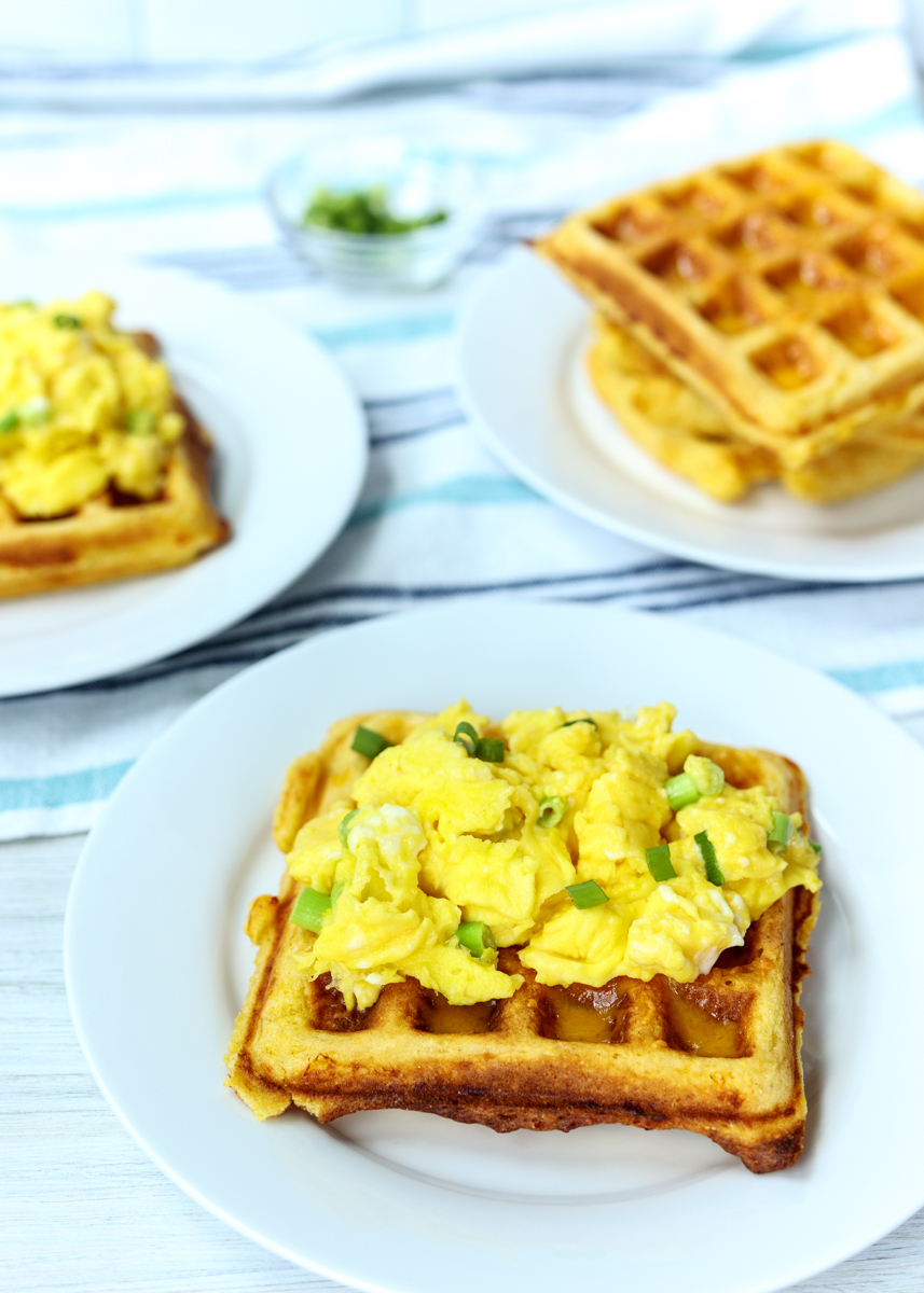 Cornbread Cheddar Waffles with Scrambled Eggs  |  Lemon & Mocha