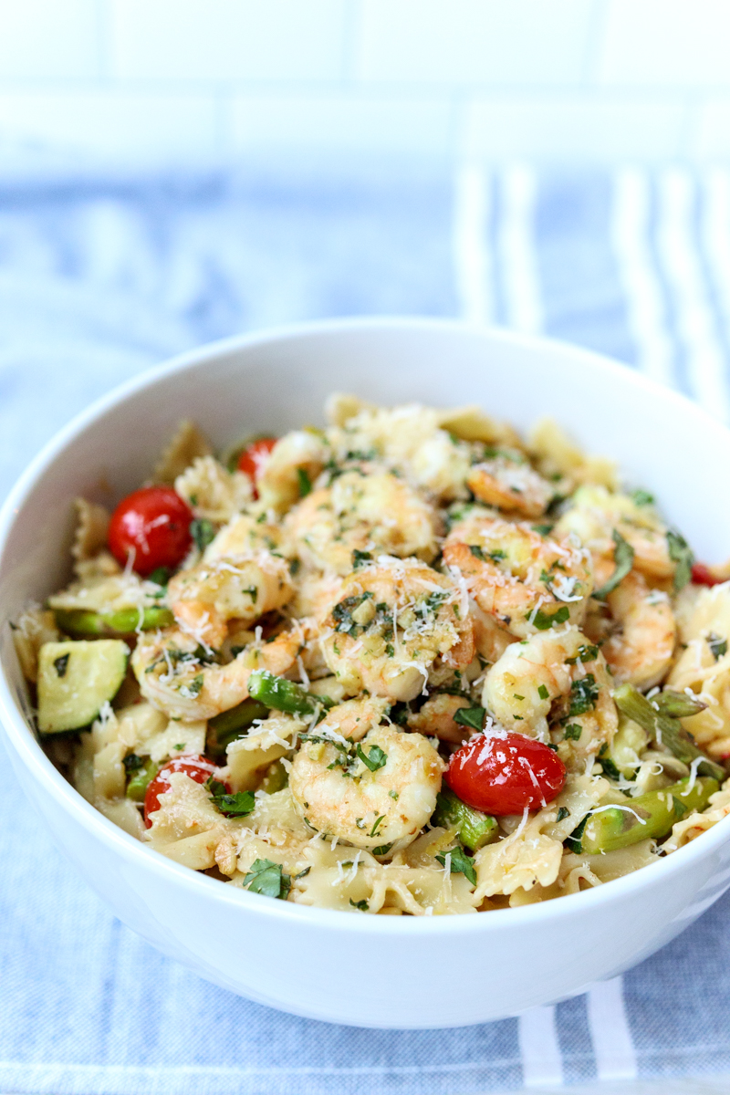 Pasta with Shrimp and Roasted Veggies in a Garlic Lemon Sauce  |  Lemon & Mocha