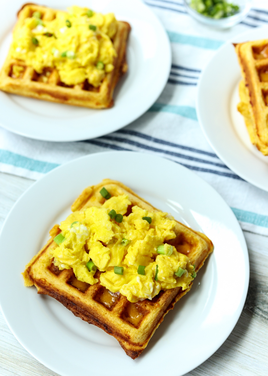 Cornbread Cheddar Waffles with Scrambled Eggs  |  Lemon & Mocha