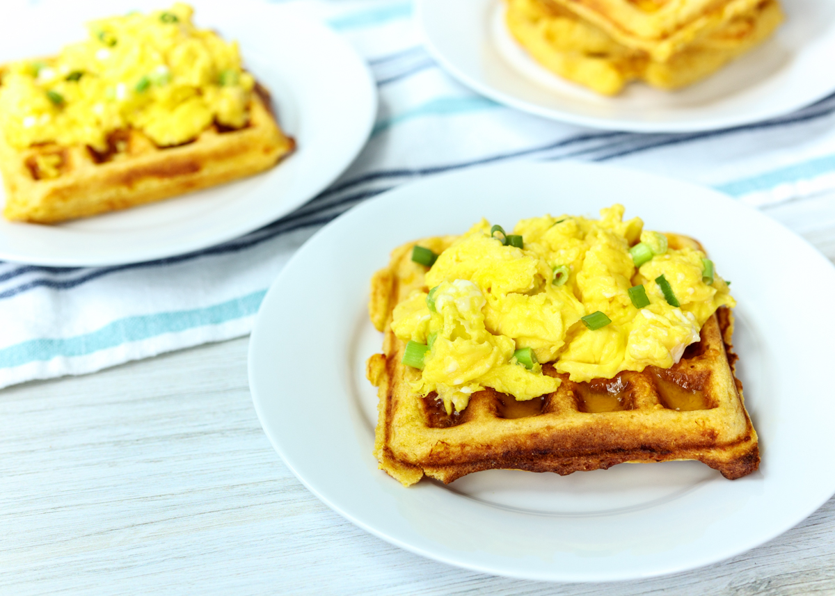 Cornbread Cheddar Waffles with Scrambled Eggs  |  Lemon & Mocha