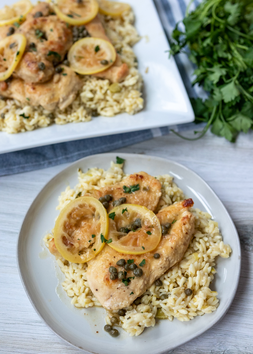 Chicken Piccata over Creamy Lemon Orzo  |  Lemon & Mocha