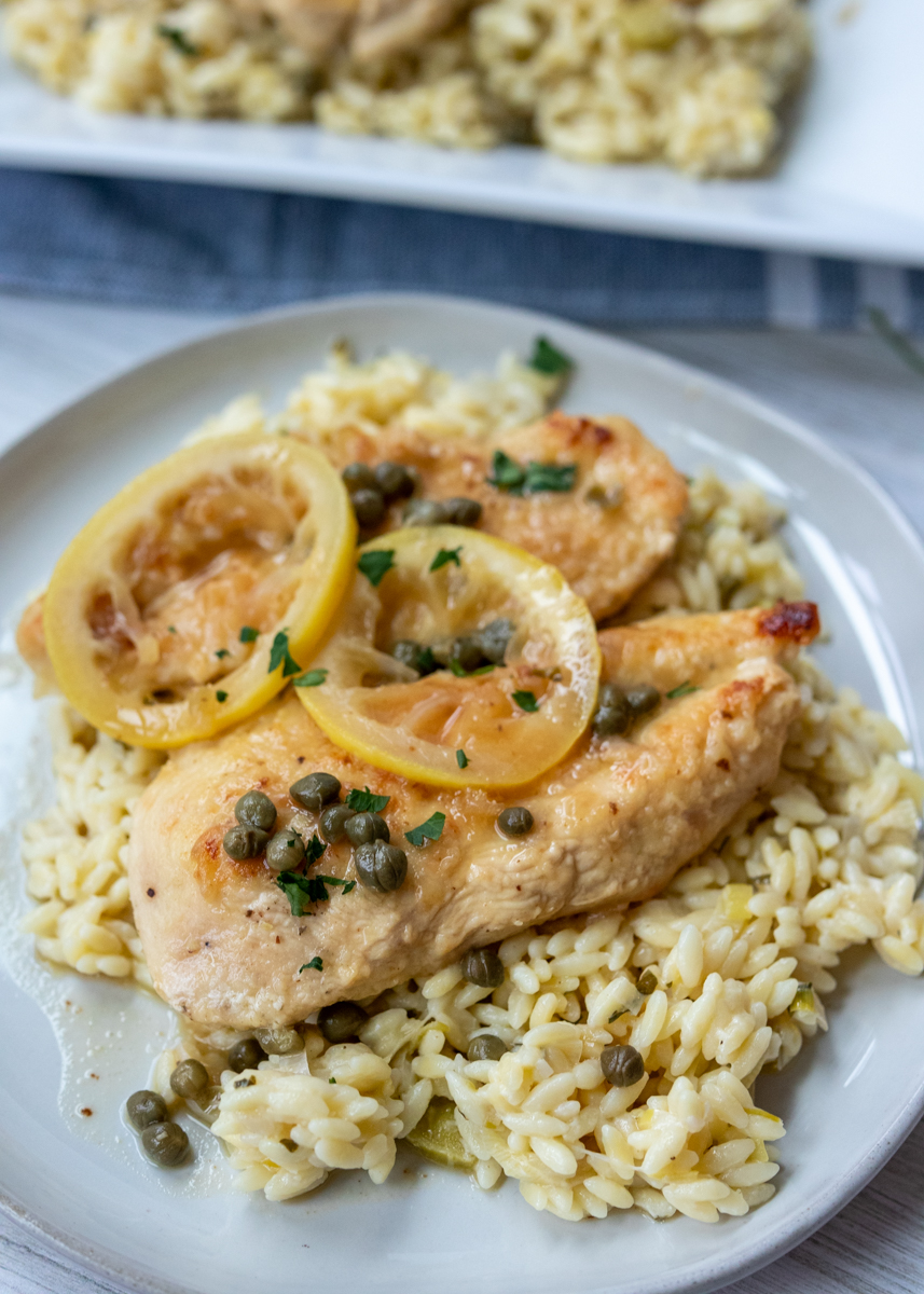 Chicken Piccata over Creamy Lemon Orzo  |  Lemon & Mocha