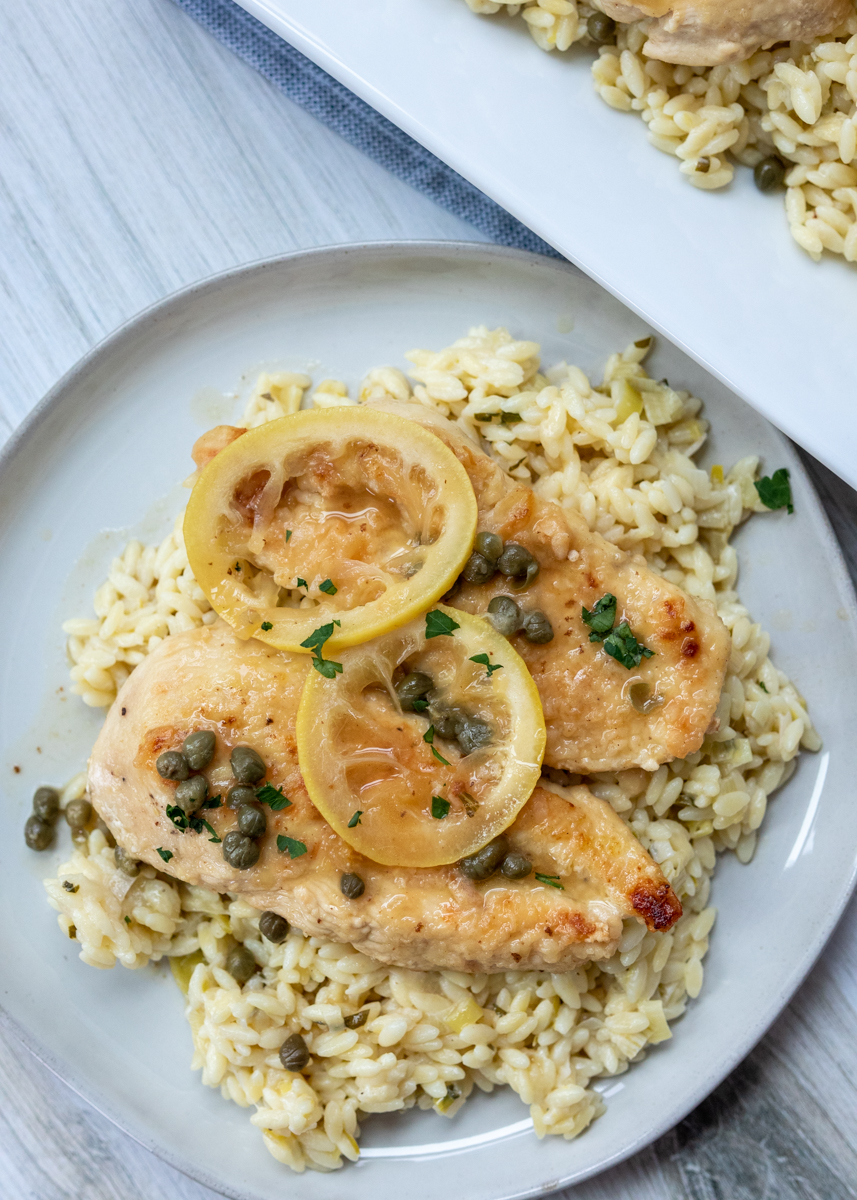 Chicken Piccata over Creamy Lemon Orzo  |  Lemon & Mocha