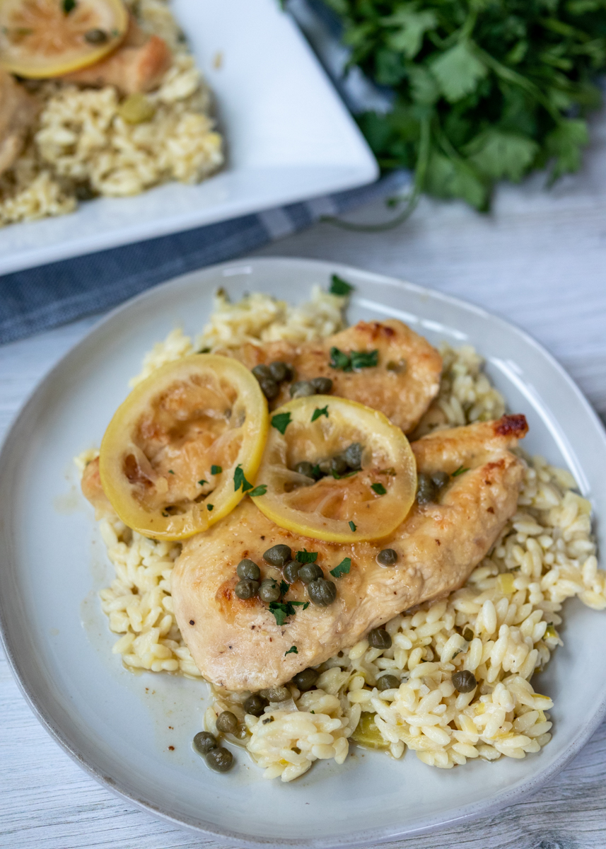 Chicken Piccata over Creamy Lemon Orzo  |  Lemon & Mocha